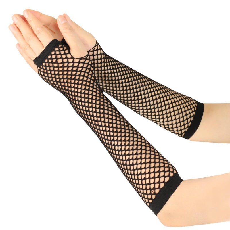 Seeksmile Women's Girls 80's Theme Party Emo Fingerless Arm Fishnet Gloves (Black) - Image 3